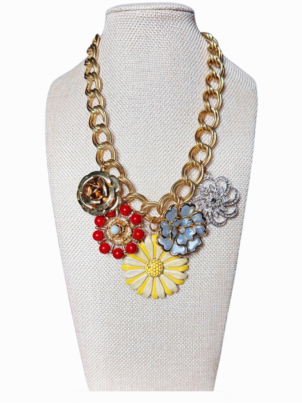 RJ Graziano Gold Floral Cluster Statement Necklace with Yellow, Red & Blue